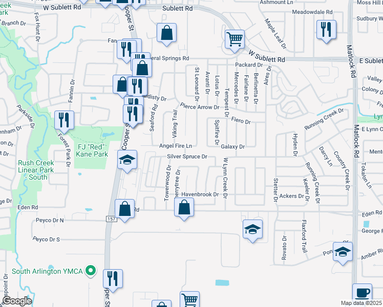map of restaurants, bars, coffee shops, grocery stores, and more near 1023 Silver Spruce Drive in Arlington