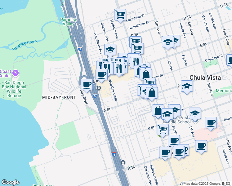 map of restaurants, bars, coffee shops, grocery stores, and more near 255 Woodlawn Avenue in Chula Vista