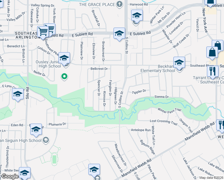 map of restaurants, bars, coffee shops, grocery stores, and more near 6604 Fairglen Drive in Arlington