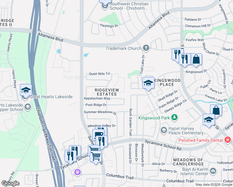 map of restaurants, bars, coffee shops, grocery stores, and more near 7252 Windy Ridge Drive in Fort Worth
