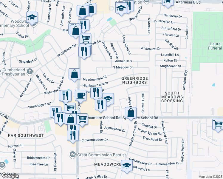 map of restaurants, bars, coffee shops, grocery stores, and more near 3115 Green Ridge Street in Fort Worth