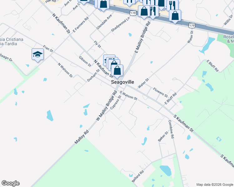 map of restaurants, bars, coffee shops, grocery stores, and more near 150 South Watson Street in Seagoville
