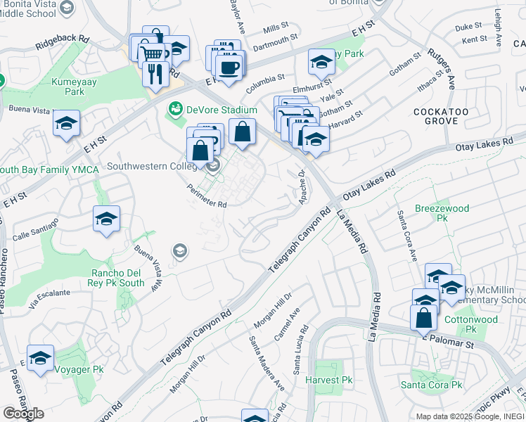 map of restaurants, bars, coffee shops, grocery stores, and more near 1529 Apache Drive in Chula Vista