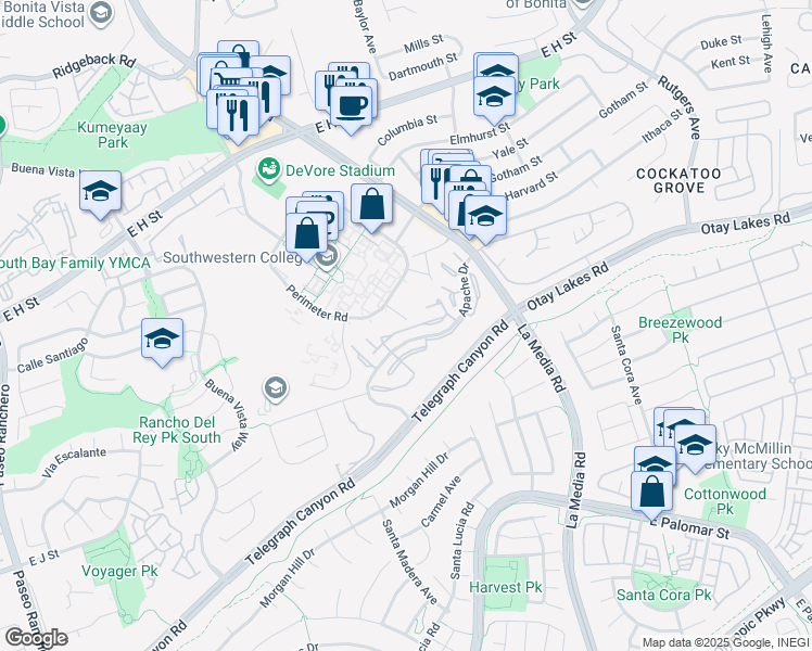 map of restaurants, bars, coffee shops, grocery stores, and more near 1529 Apache Drive in Chula Vista