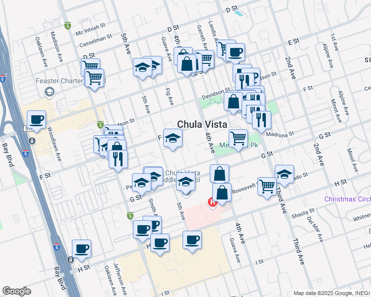 map of restaurants, bars, coffee shops, grocery stores, and more near 335 Brightwood Avenue in Chula Vista