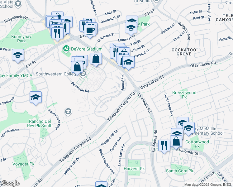 map of restaurants, bars, coffee shops, grocery stores, and more near 1546 Apache Drive in Chula Vista