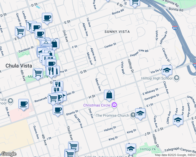 map of restaurants, bars, coffee shops, grocery stores, and more near 120 Roosevelt Street in Chula Vista