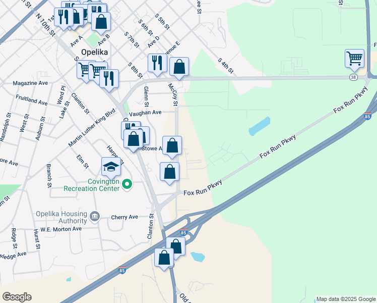 map of restaurants, bars, coffee shops, grocery stores, and more near 1555 McCoy Street in Opelika