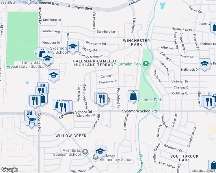 map of restaurants, bars, coffee shops, grocery stores, and more near 1216 Prelude Drive in Fort Worth