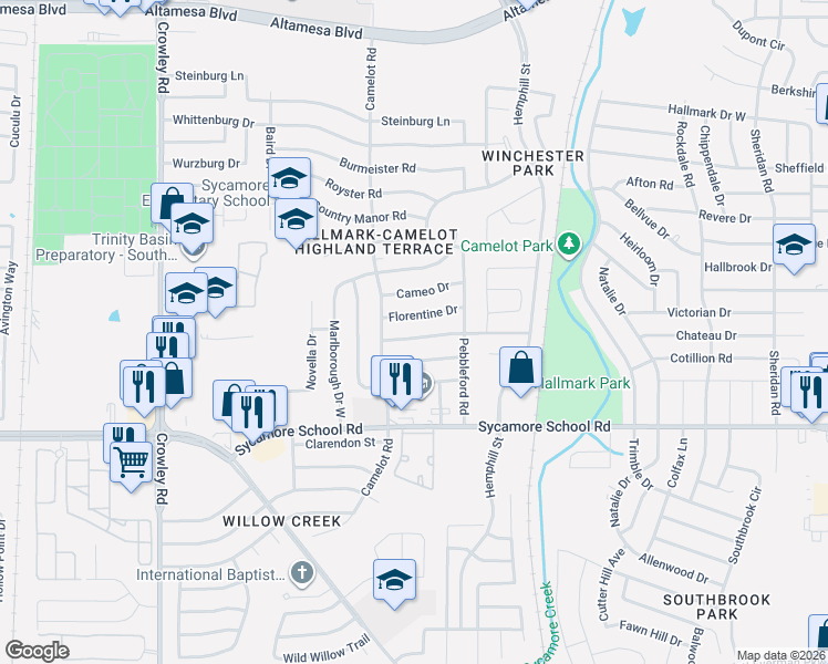 map of restaurants, bars, coffee shops, grocery stores, and more near 1216 Prelude Drive in Fort Worth