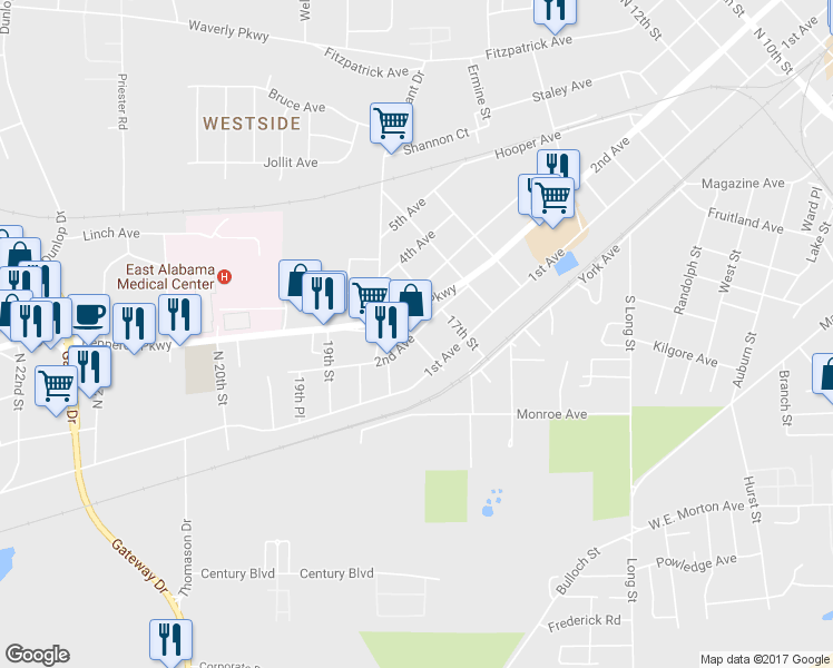 map of restaurants, bars, coffee shops, grocery stores, and more near 1713 2nd Avenue in Opelika