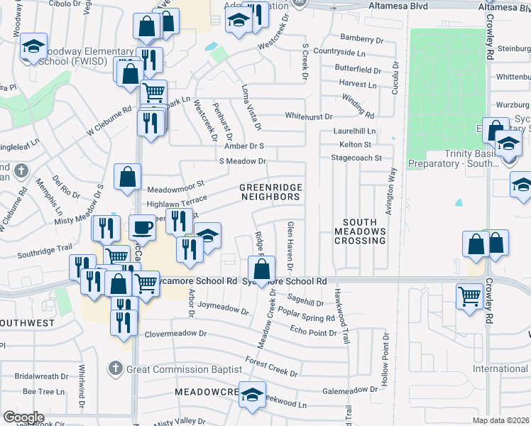 map of restaurants, bars, coffee shops, grocery stores, and more near 2809 Ridge Road North in Fort Worth