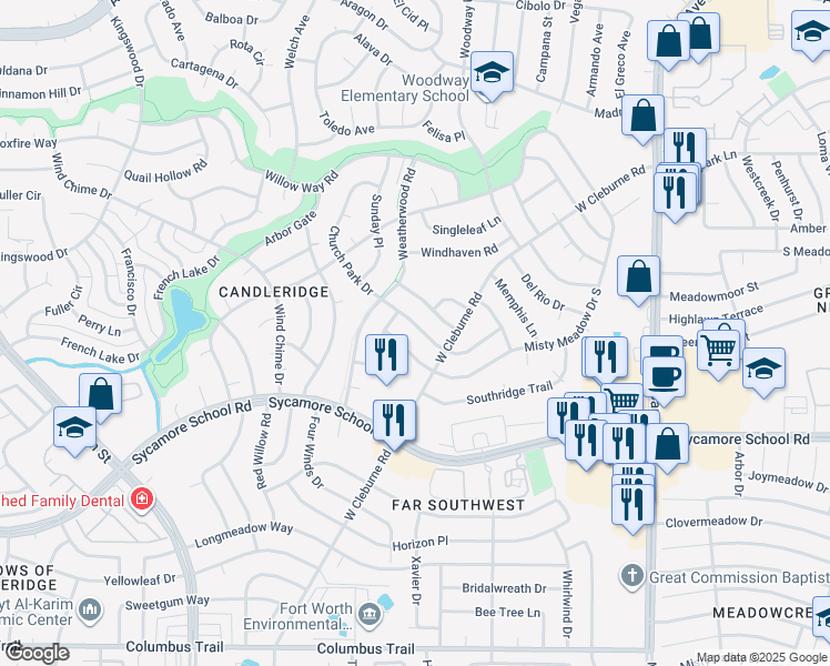map of restaurants, bars, coffee shops, grocery stores, and more near 7225 Church Park Drive in Fort Worth