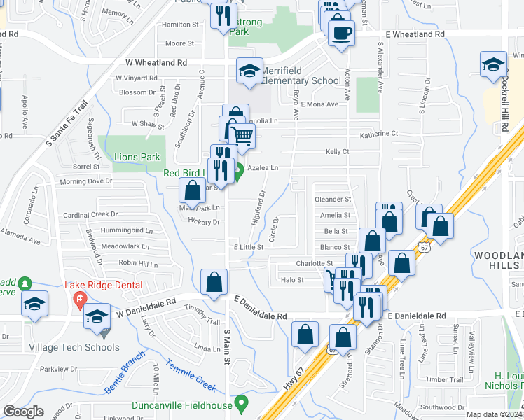 map of restaurants, bars, coffee shops, grocery stores, and more near 1306 Highland Drive in Duncanville