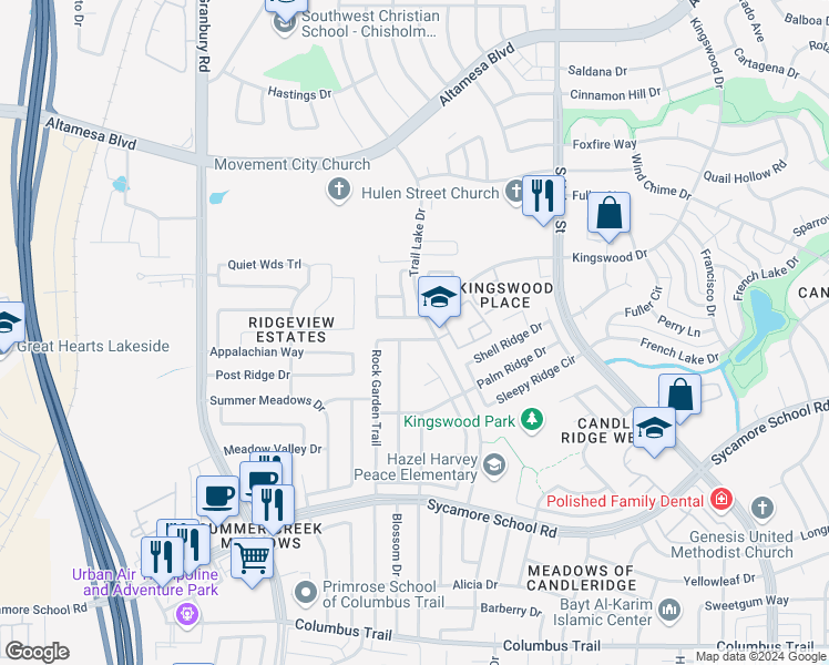 map of restaurants, bars, coffee shops, grocery stores, and more near 5012 Button Willow Drive in Fort Worth