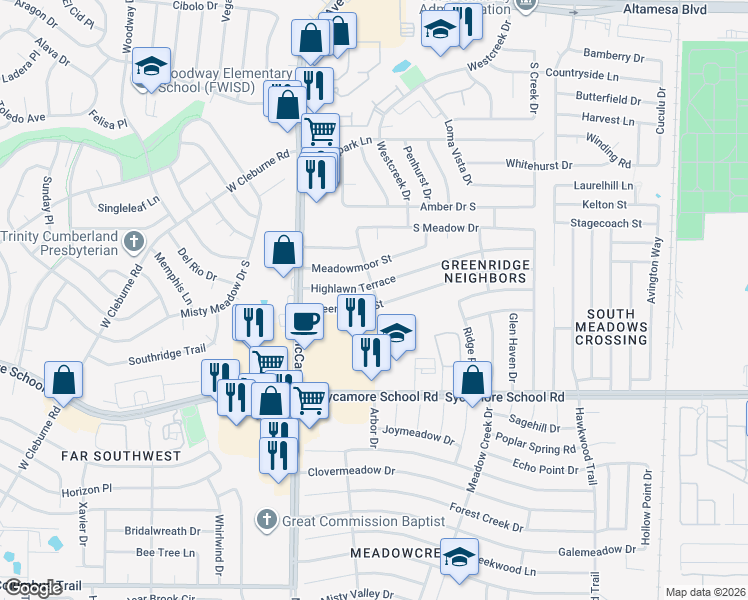 map of restaurants, bars, coffee shops, grocery stores, and more near 3300 Green Ridge Street in Fort Worth