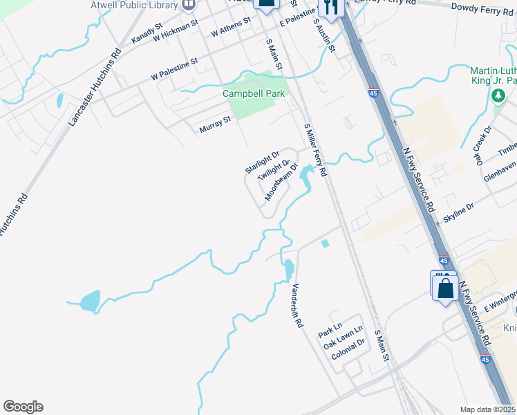 map of restaurants, bars, coffee shops, grocery stores, and more near 99 Starlight Drive in Hutchins