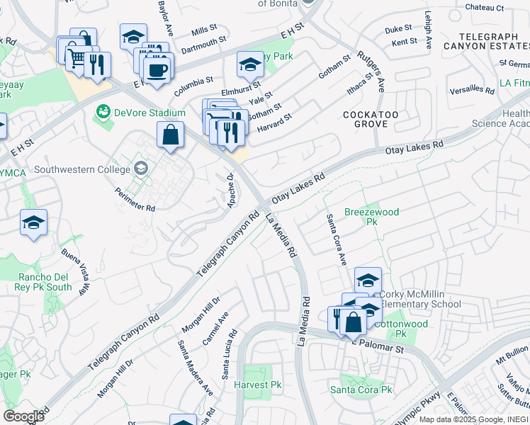 map of restaurants, bars, coffee shops, grocery stores, and more near 711 La Media Road in Chula Vista