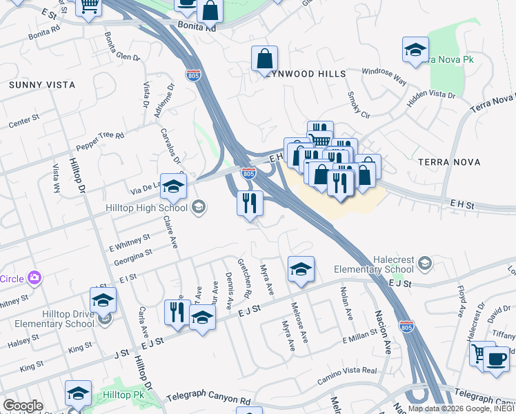 map of restaurants, bars, coffee shops, grocery stores, and more near 600 Sheffield Court in Chula Vista