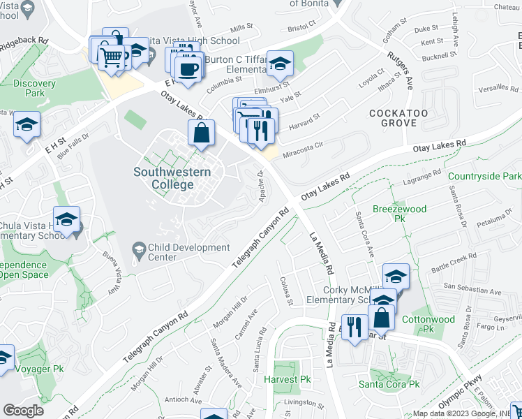 map of restaurants, bars, coffee shops, grocery stores, and more near 1546 Apache Drive in Chula Vista