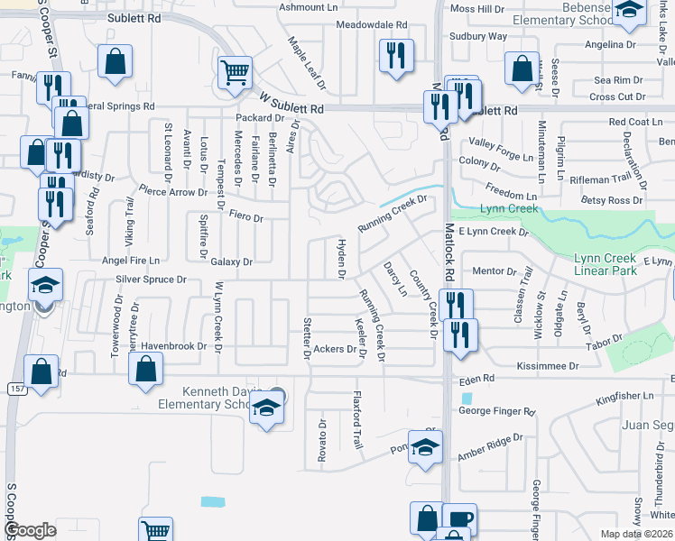 map of restaurants, bars, coffee shops, grocery stores, and more near 6520 Hyden Drive in Arlington