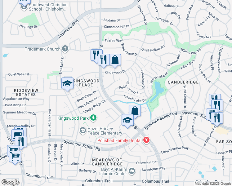 map of restaurants, bars, coffee shops, grocery stores, and more near 4516 French Lake Drive in Fort Worth