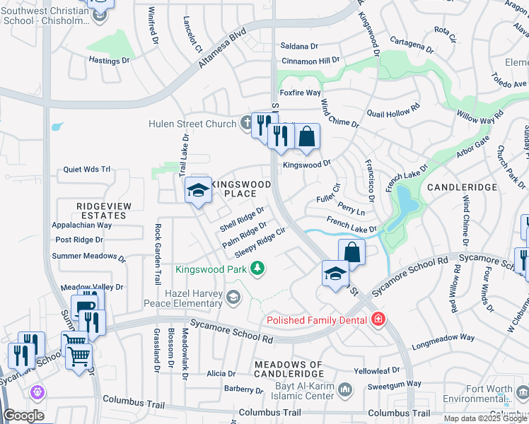 map of restaurants, bars, coffee shops, grocery stores, and more near 4605 Shell Ridge Drive in Fort Worth