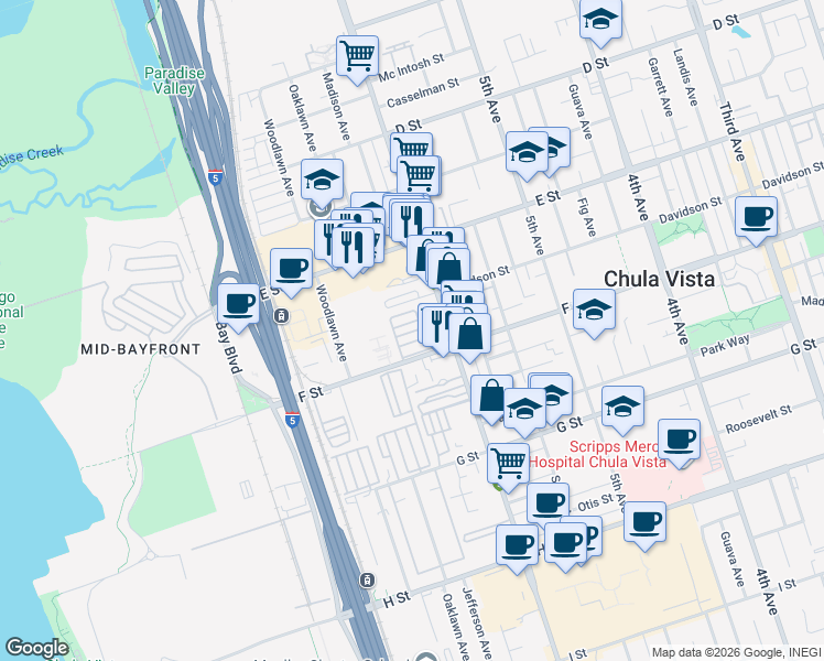 map of restaurants, bars, coffee shops, grocery stores, and more near 653 F Street in Chula Vista