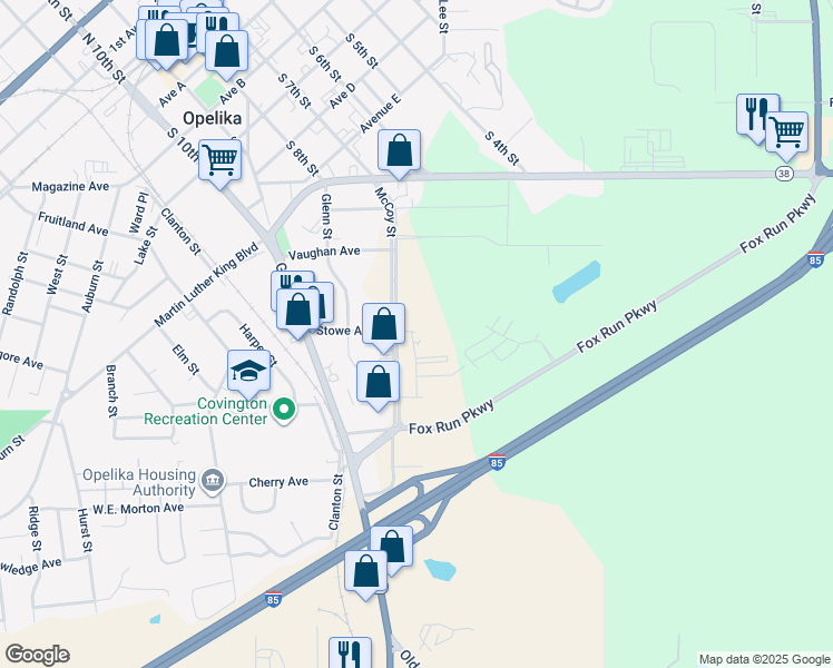 map of restaurants, bars, coffee shops, grocery stores, and more near 1555 McCoy Street in Opelika