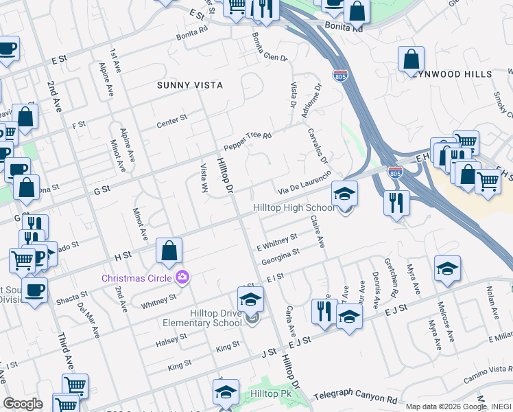 map of restaurants, bars, coffee shops, grocery stores, and more near 30 El Rancho Vista in Chula Vista