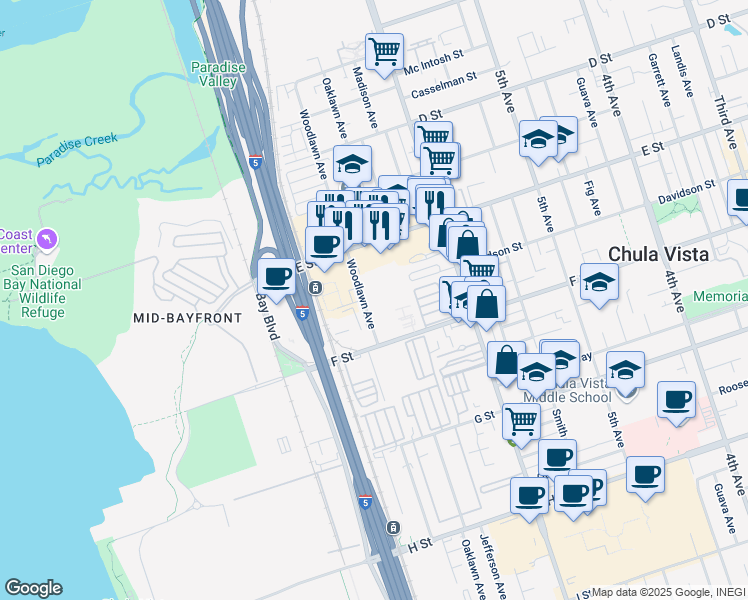 map of restaurants, bars, coffee shops, grocery stores, and more near 255 Woodlawn Avenue in Chula Vista