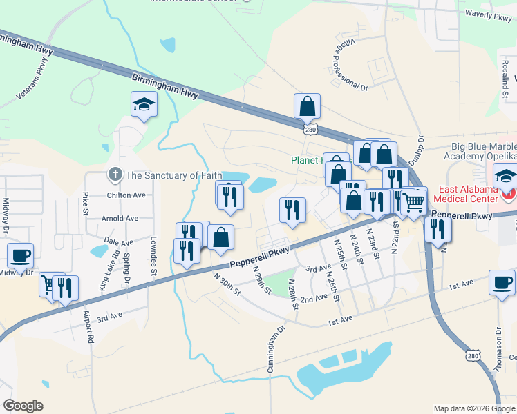 map of restaurants, bars, coffee shops, grocery stores, and more near 2900 Pepperell Parkway in Opelika