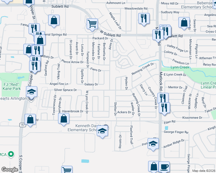 map of restaurants, bars, coffee shops, grocery stores, and more near 900 Galaxy Drive in Arlington