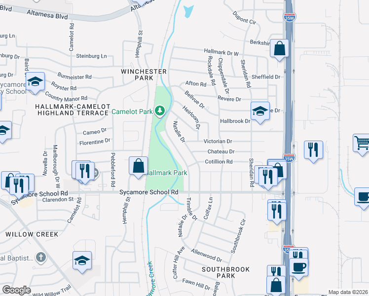 map of restaurants, bars, coffee shops, grocery stores, and more near 7504 Natalie Drive in Fort Worth