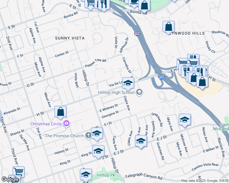 map of restaurants, bars, coffee shops, grocery stores, and more near 77 East Shasta Street in Chula Vista