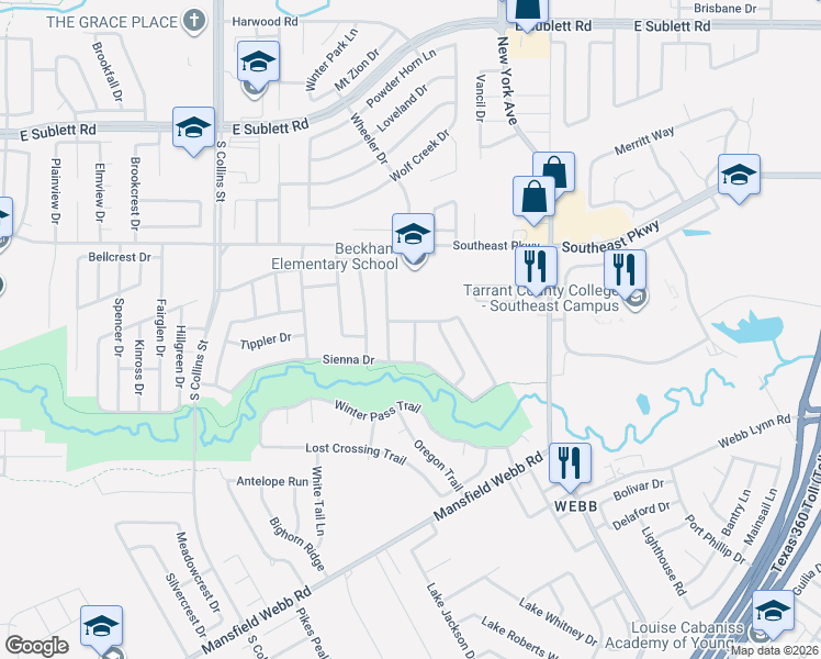 map of restaurants, bars, coffee shops, grocery stores, and more near 6700 Prairie Fire Road in Arlington