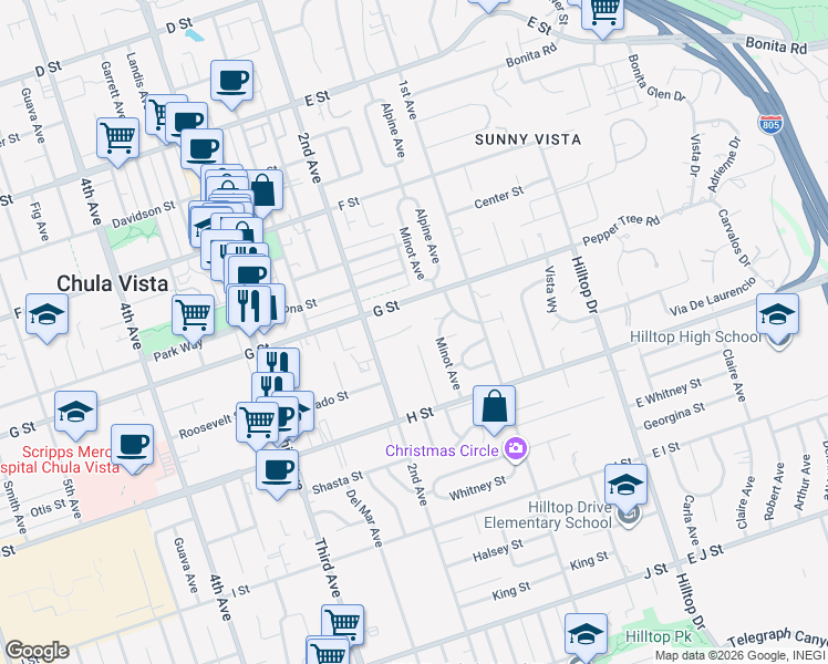map of restaurants, bars, coffee shops, grocery stores, and more near 160 Vance Street in Chula Vista