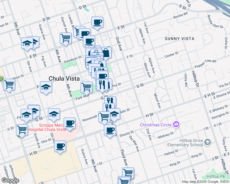 map of restaurants, bars, coffee shops, grocery stores, and more near 250 G Street in Chula Vista