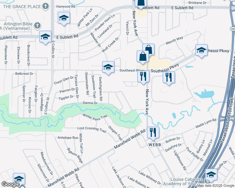 map of restaurants, bars, coffee shops, grocery stores, and more near 6700 Prairie Fire Road in Arlington