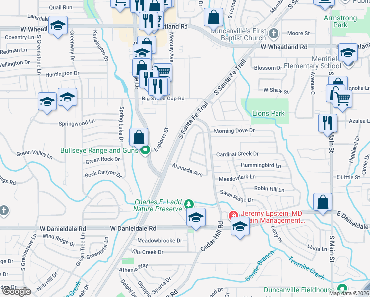 map of restaurants, bars, coffee shops, grocery stores, and more near 1302 Mission Street in Duncanville