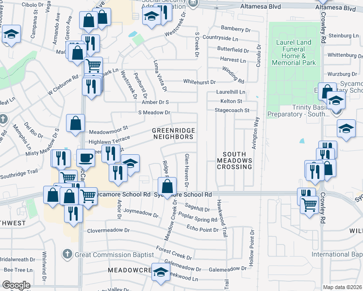 map of restaurants, bars, coffee shops, grocery stores, and more near 2705 Ridge Road West in Fort Worth