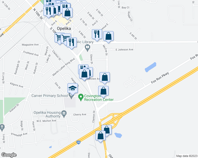 map of restaurants, bars, coffee shops, grocery stores, and more near 111 Stowe Avenue in Opelika