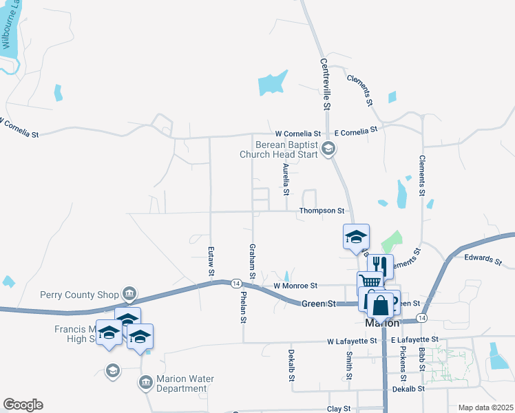 map of restaurants, bars, coffee shops, grocery stores, and more near 218 Thompson Street in Marion