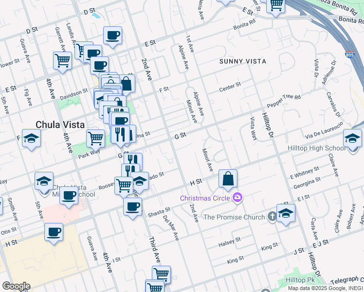 map of restaurants, bars, coffee shops, grocery stores, and more near 183 Vance Street in Chula Vista