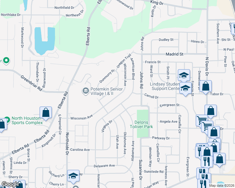 map of restaurants, bars, coffee shops, grocery stores, and more near 319 Wisconsin Avenue in Warner Robins