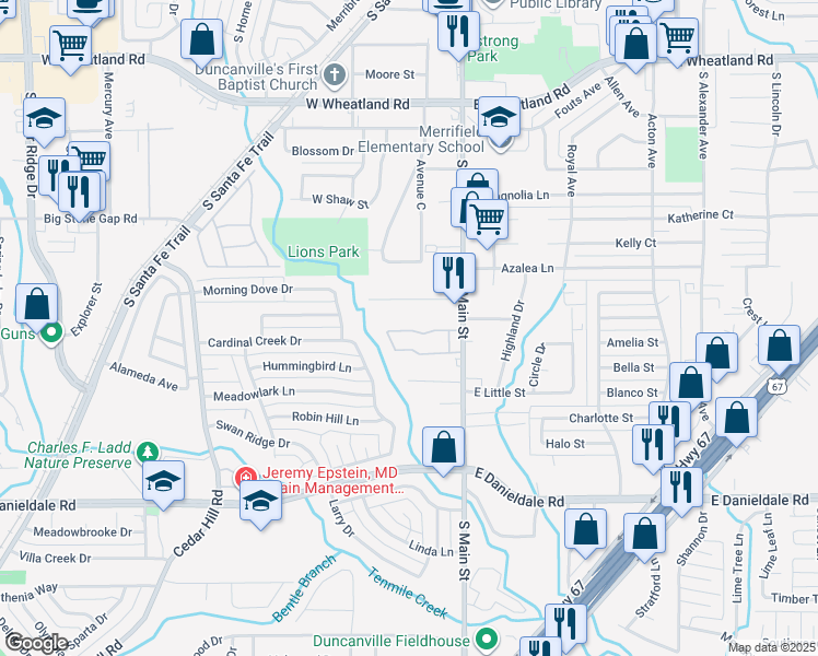 map of restaurants, bars, coffee shops, grocery stores, and more near 222 Main Park Lane in Duncanville