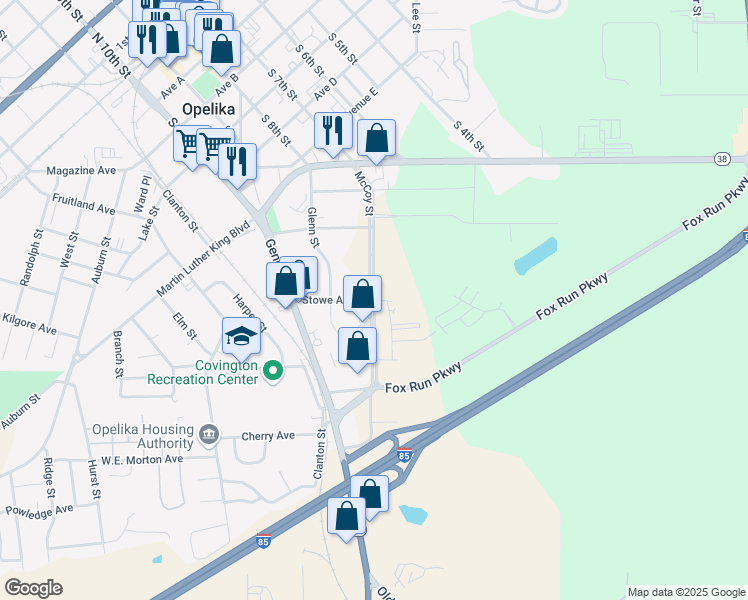 map of restaurants, bars, coffee shops, grocery stores, and more near 1555 McCoy Street in Opelika