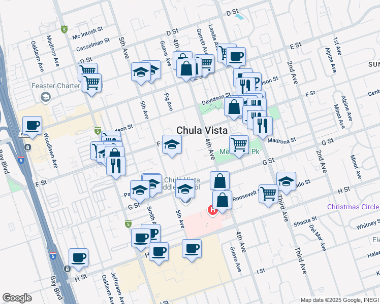 map of restaurants, bars, coffee shops, grocery stores, and more near 335 Brightwood Avenue in Chula Vista