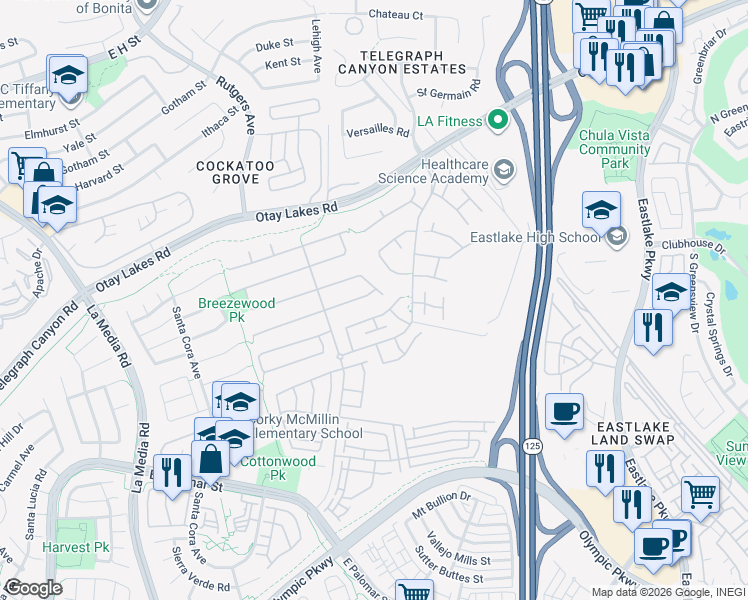 map of restaurants, bars, coffee shops, grocery stores, and more near 1974 Meeks Bay Drive in Chula Vista