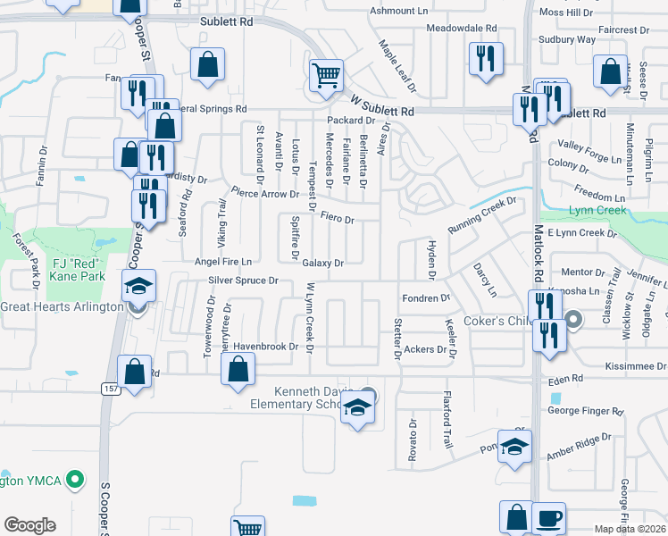 map of restaurants, bars, coffee shops, grocery stores, and more near 916 Galaxy Drive in Arlington